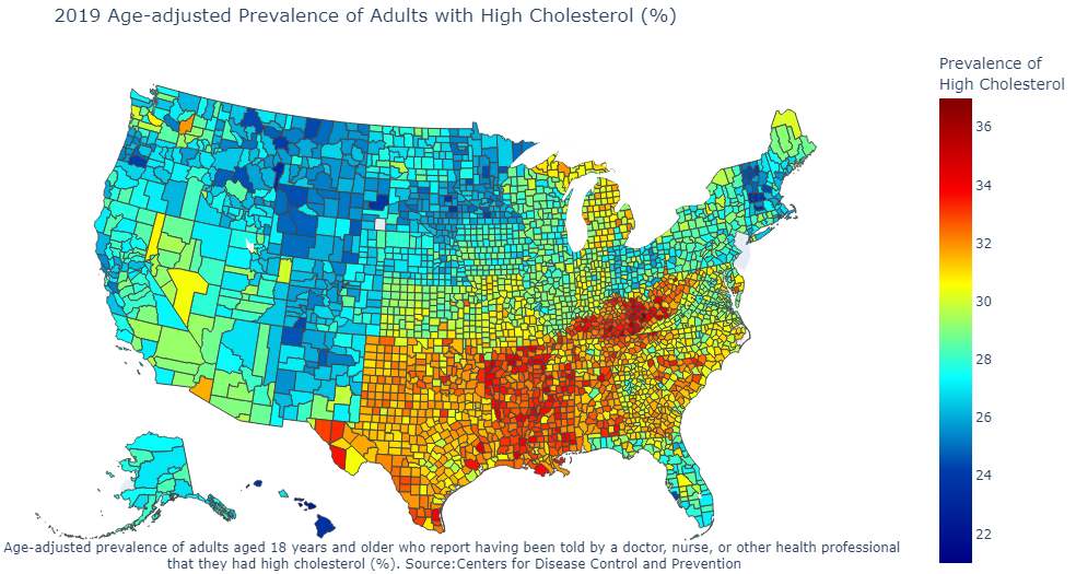 This plot represents the prevalence of adults over the age of 18 who report they have high cholesterol accordnig to a doctor or health professional. White spaces represent counties for which data was not available.