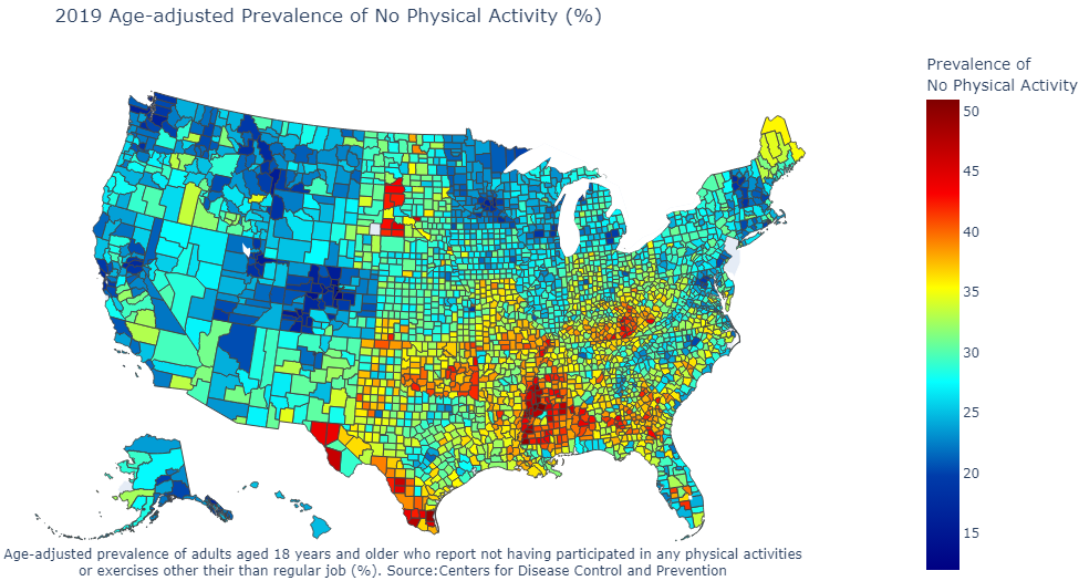 This plot represents the prevalence of adults over the age of 18 who report not participating in physical activities or exercise outside of their job. Note: White spaces represent counties for which data was not available. 